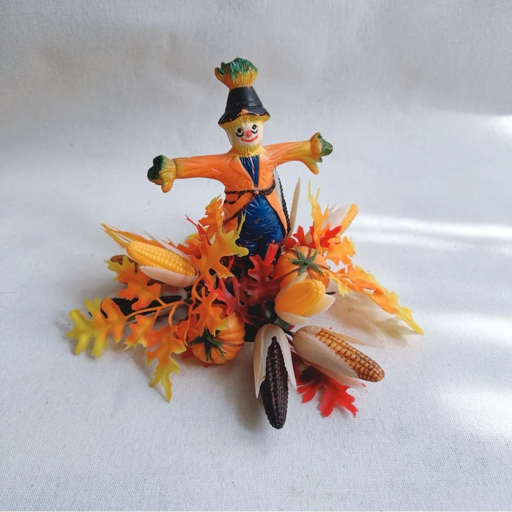 Vintage 1970s Florabelle Flowers scarecrow Fall foliage table centerpiece